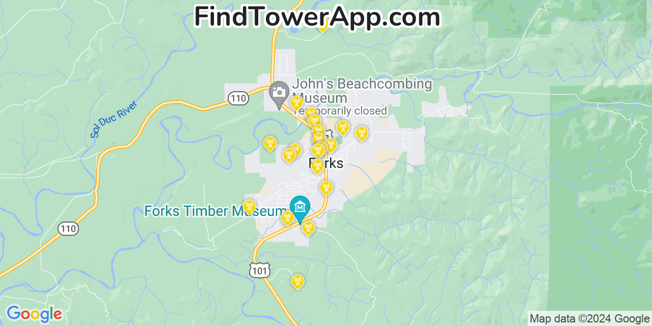 AT&T 4G/5G cell tower coverage map Forks, Washington