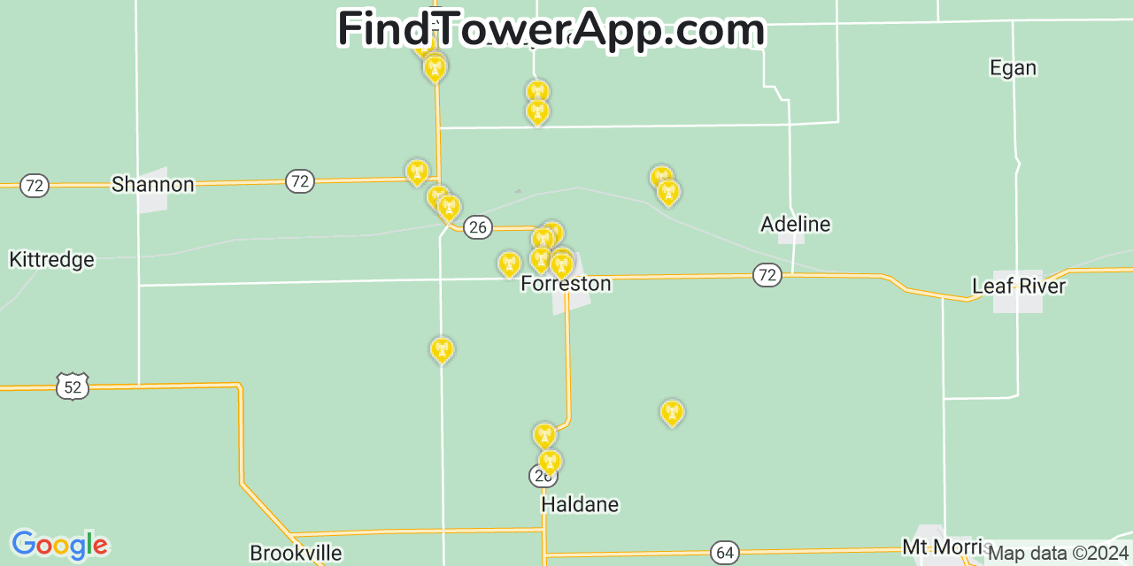 AT&T 4G/5G cell tower coverage map Forreston, Illinois