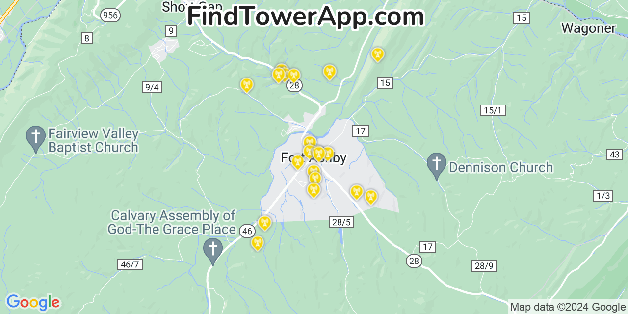 AT&T 4G/5G cell tower coverage map Fort Ashby, West Virginia