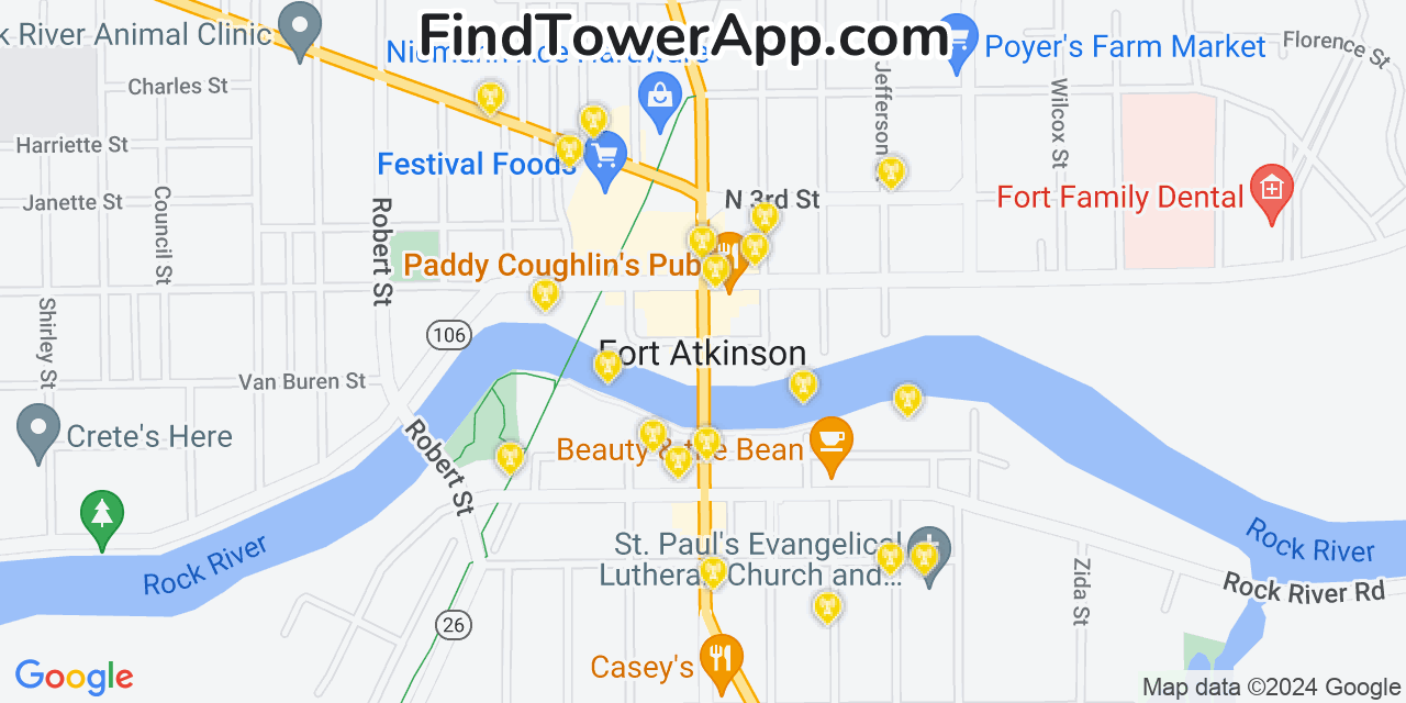 AT&T 4G/5G cell tower coverage map Fort Atkinson, Wisconsin