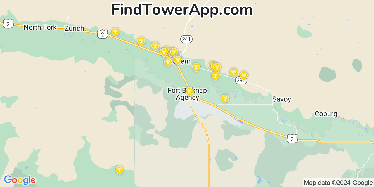 AT&T 4G/5G cell tower coverage map Fort Belknap Agency, Montana