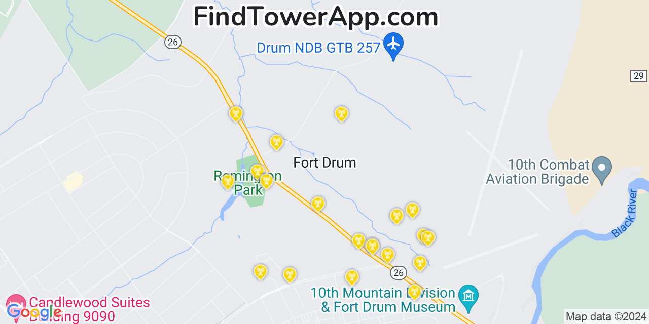 AT&T 4G/5G cell tower coverage map Fort Drum, New York