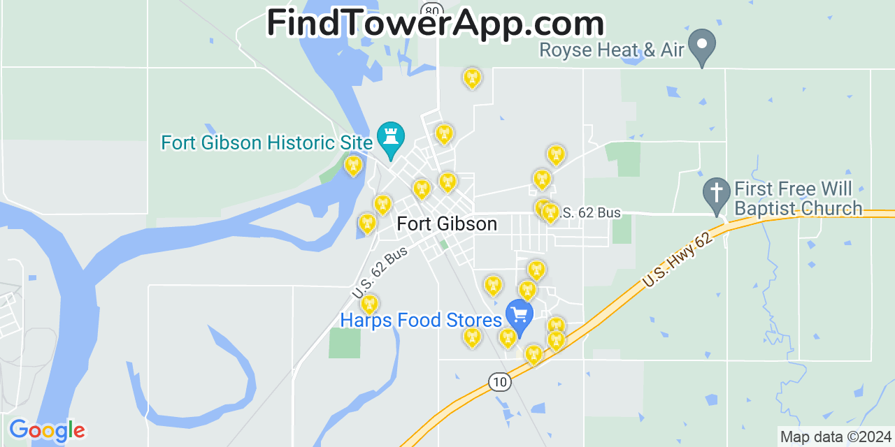 AT&T 4G/5G cell tower coverage map Fort Gibson, Oklahoma