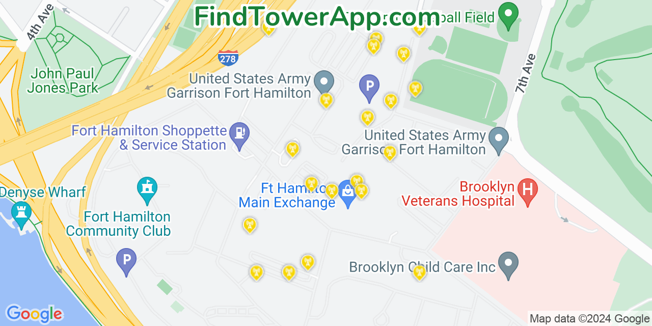 AT&T 4G/5G cell tower coverage map Fort Hamilton, New York
