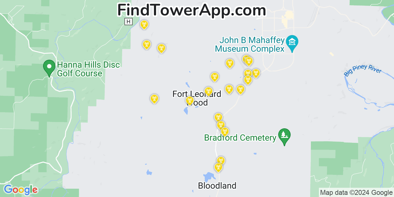 AT&T 4G/5G cell tower coverage map Fort Leonard Wood, Missouri