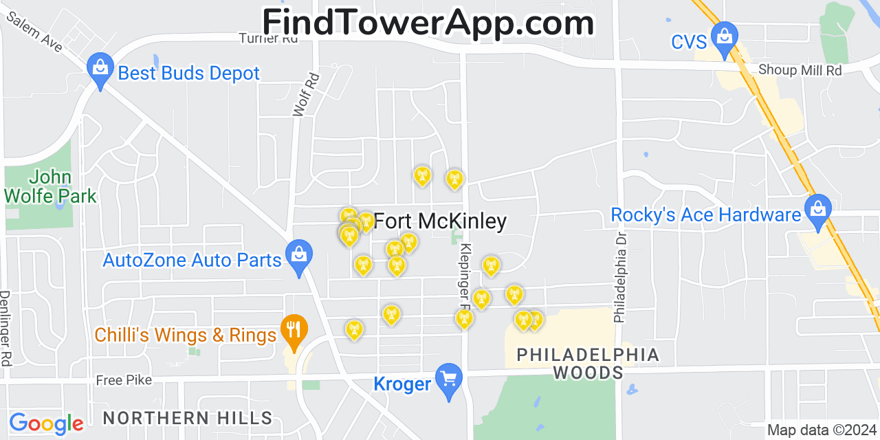 AT&T 4G/5G cell tower coverage map Fort McKinley, Ohio