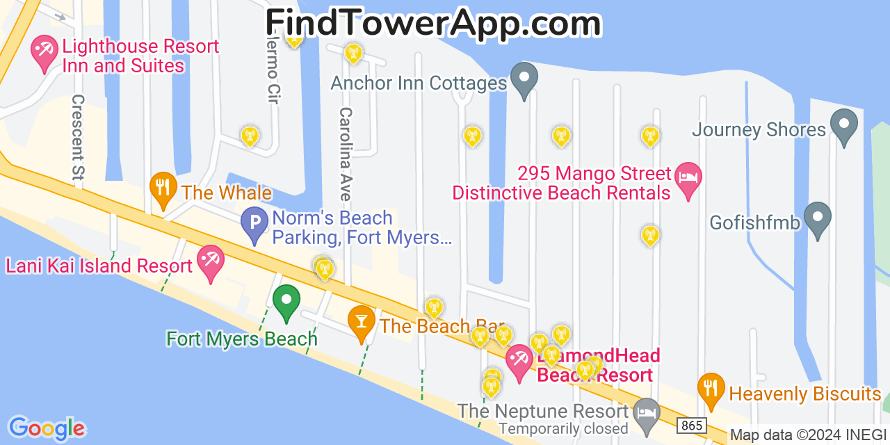 Verizon 4G/5G cell tower coverage map Fort Myers Beach, Florida