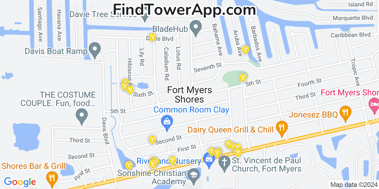 AT&T 4G/5G cell tower coverage map Fort Myers Shores, Florida