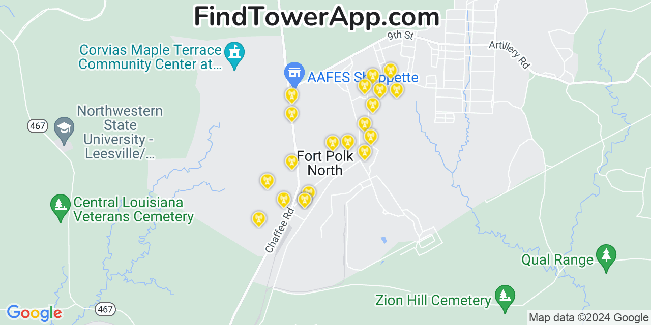 AT&T 4G/5G cell tower coverage map Fort Polk North, Louisiana