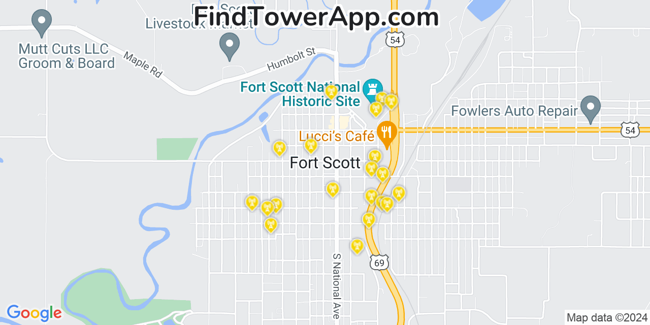 AT&T 4G/5G cell tower coverage map Fort Scott, Kansas