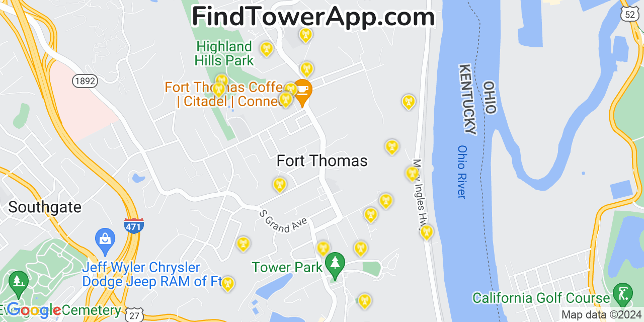 AT&T 4G/5G cell tower coverage map Fort Thomas, Kentucky