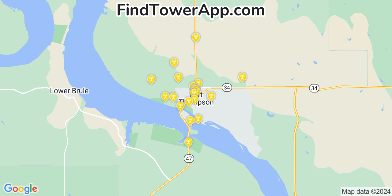AT&T 4G/5G cell tower coverage map Fort Thompson, South Dakota
