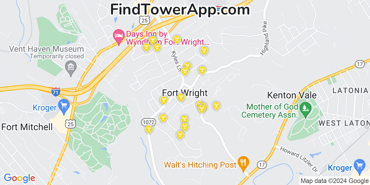 AT&T 4G/5G cell tower coverage map Fort Wright, Kentucky