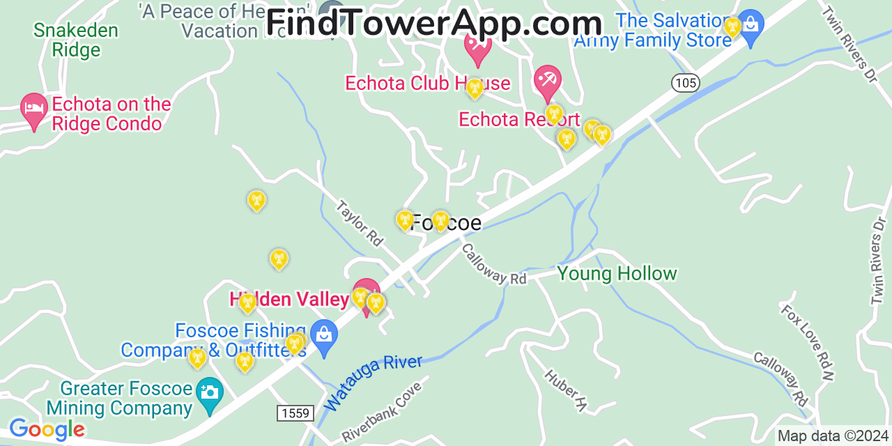 AT&T 4G/5G cell tower coverage map Foscoe, North Carolina