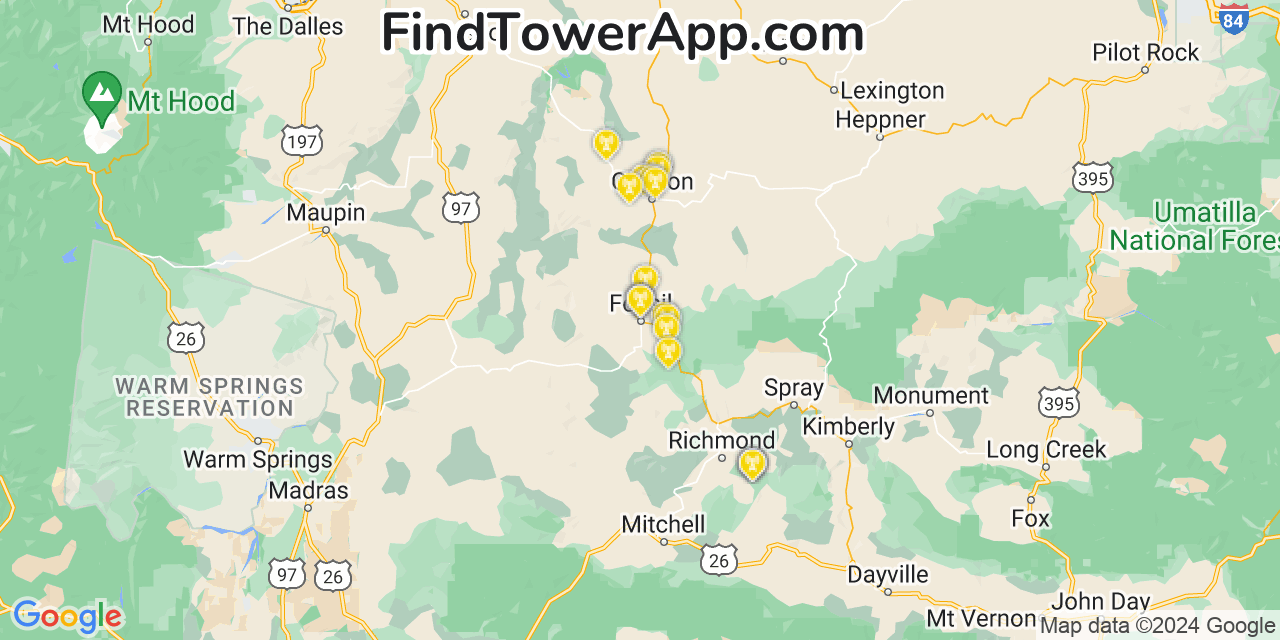 AT&T 4G/5G cell tower coverage map Fossil, Oregon