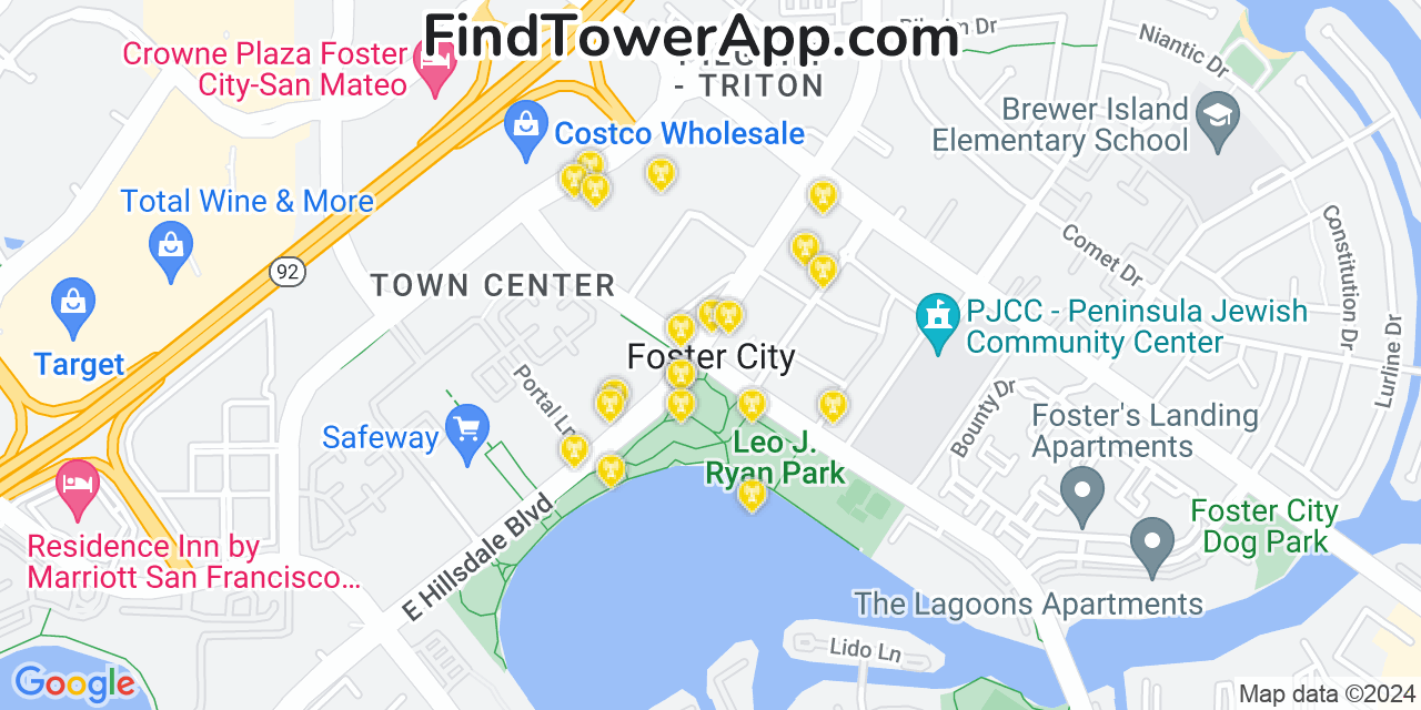 AT&T 4G/5G cell tower coverage map Foster City, California