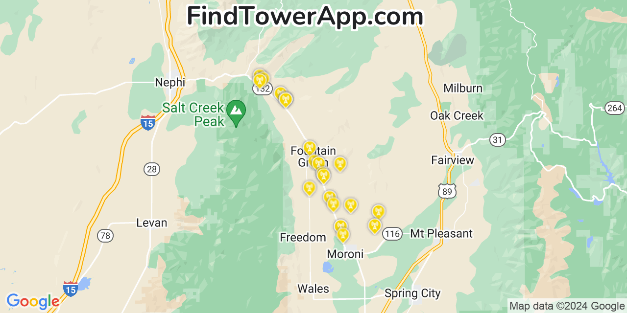 AT&T 4G/5G cell tower coverage map Fountain Green, Utah