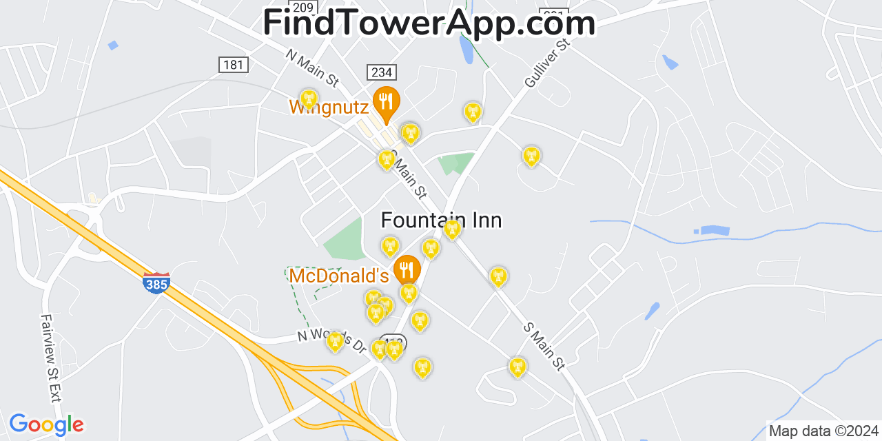AT&T 4G/5G cell tower coverage map Fountain Inn, South Carolina