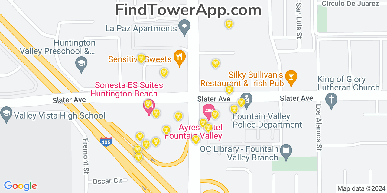 Verizon 4G/5G cell tower coverage map Fountain Valley, California