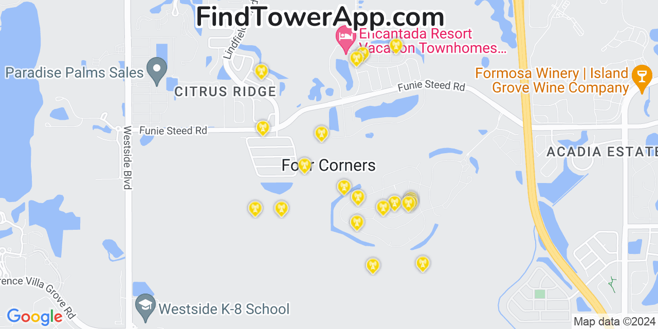 AT&T 4G/5G cell tower coverage map Four Corners, Florida