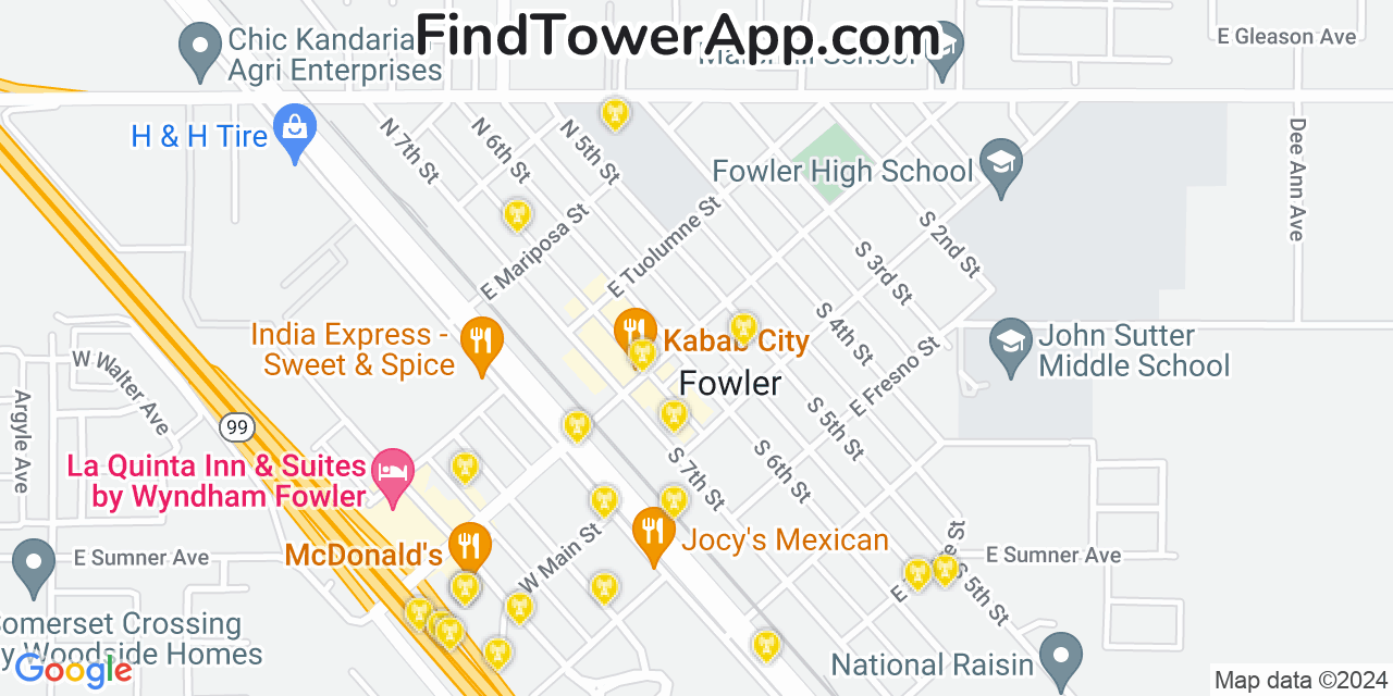 AT&T 4G/5G cell tower coverage map Fowler, California