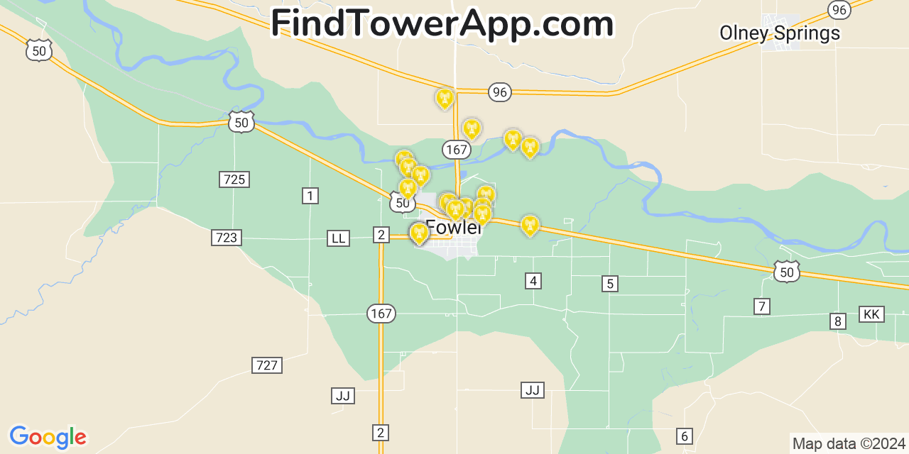 AT&T 4G/5G cell tower coverage map Fowler, Colorado