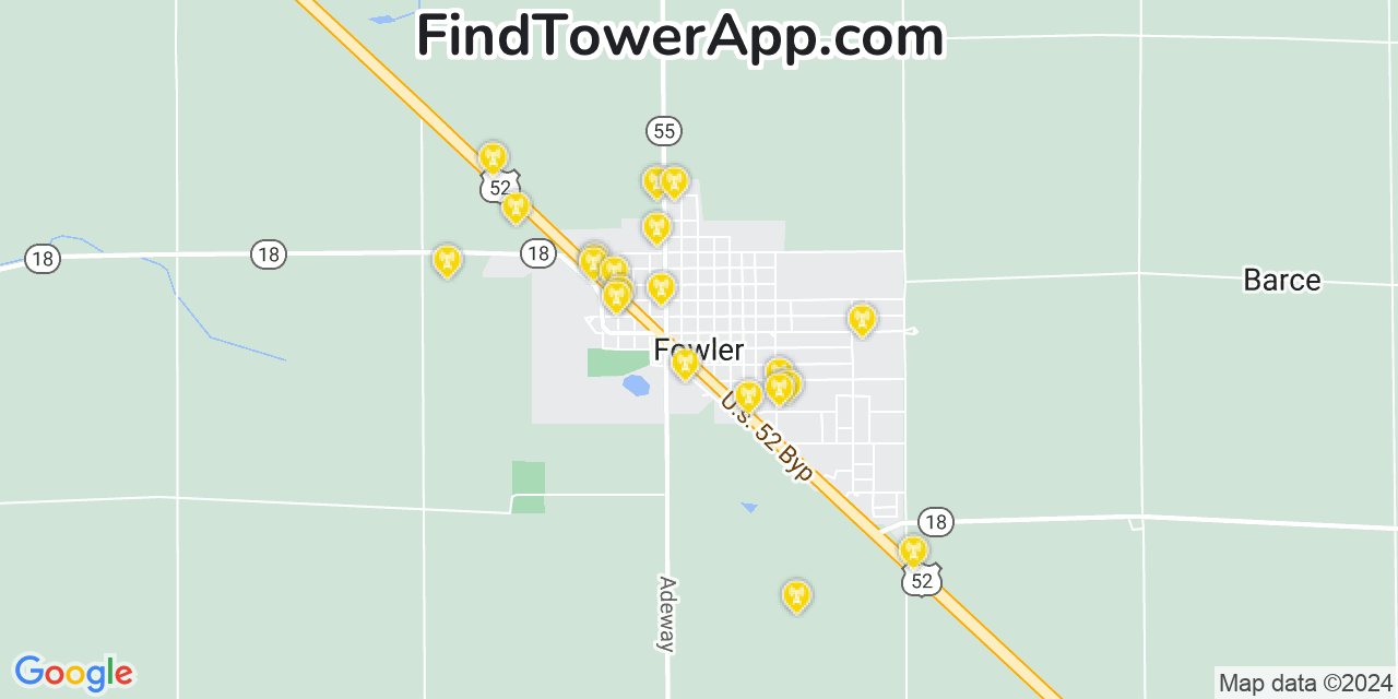 AT&T 4G/5G cell tower coverage map Fowler, Indiana