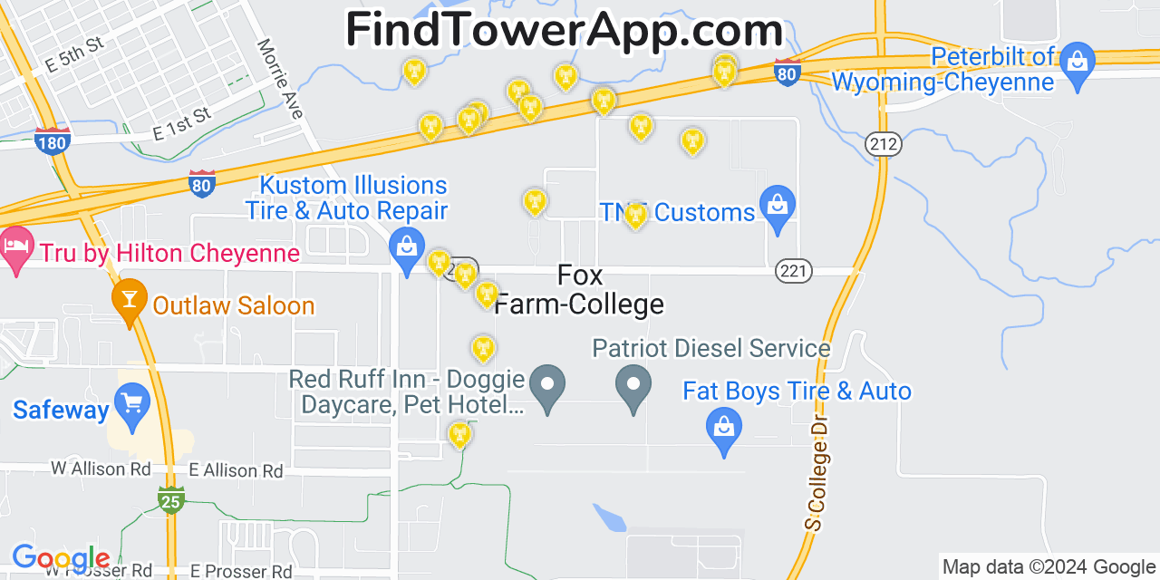 AT&T 4G/5G cell tower coverage map Fox Farm College, Wyoming