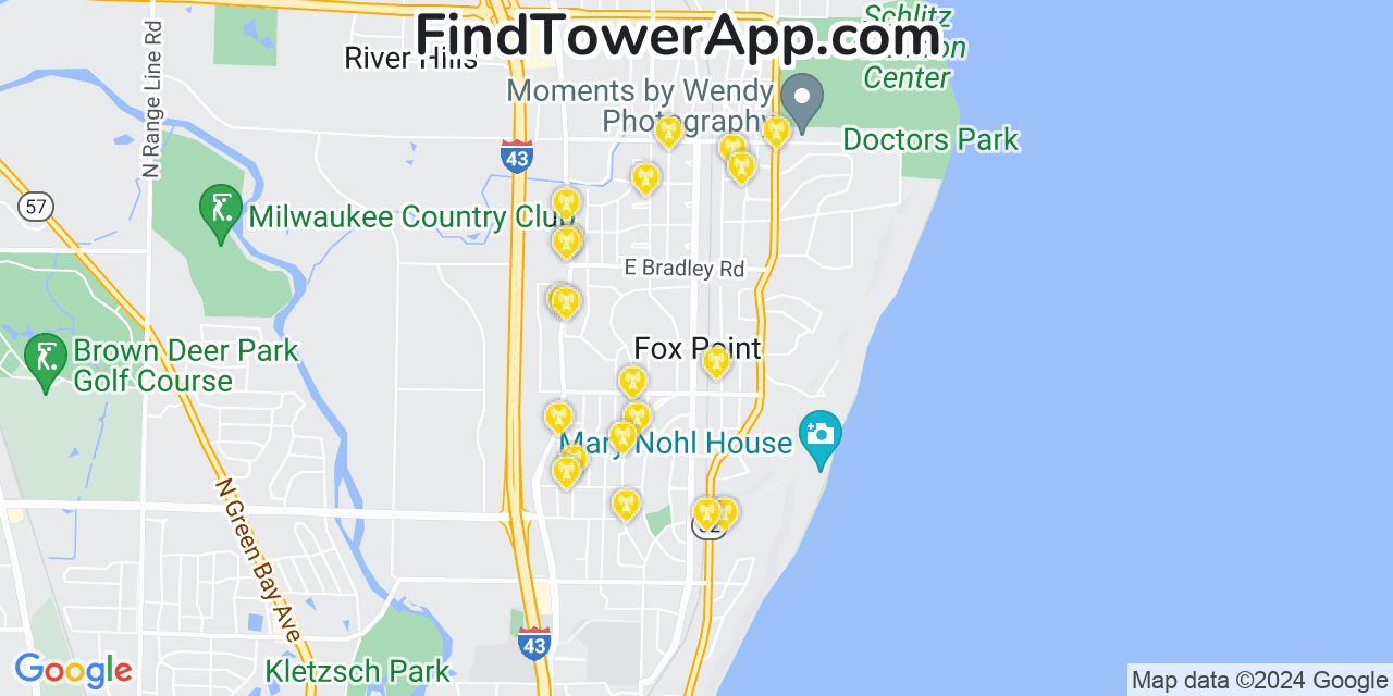 AT&T 4G/5G cell tower coverage map Fox Point, Wisconsin