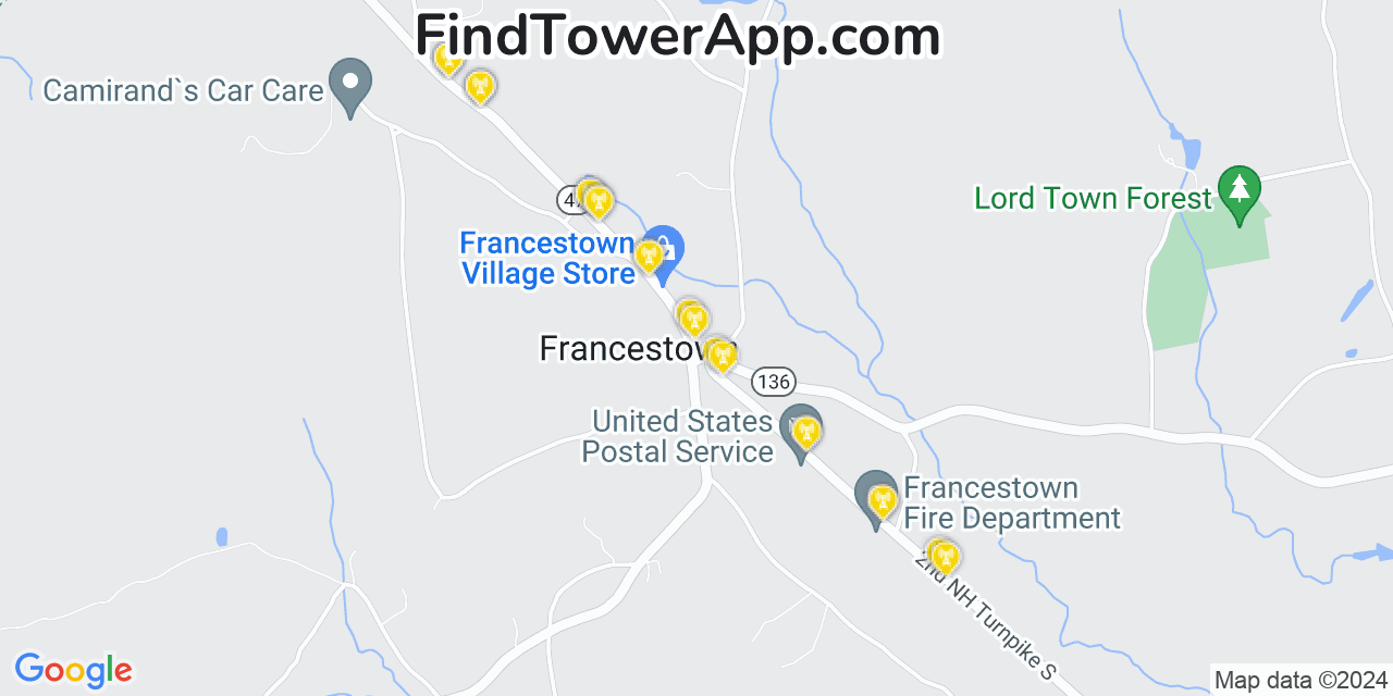 AT&T 4G/5G cell tower coverage map Francestown, New Hampshire