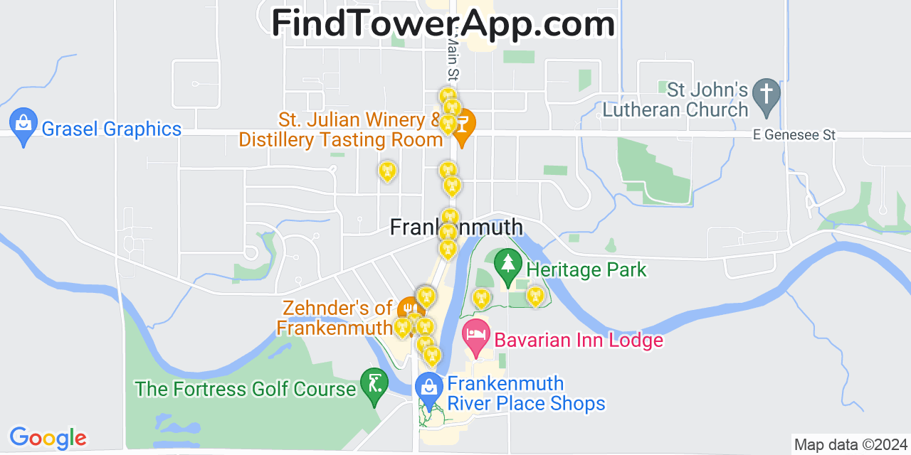 AT&T 4G/5G cell tower coverage map Frankenmuth, Michigan