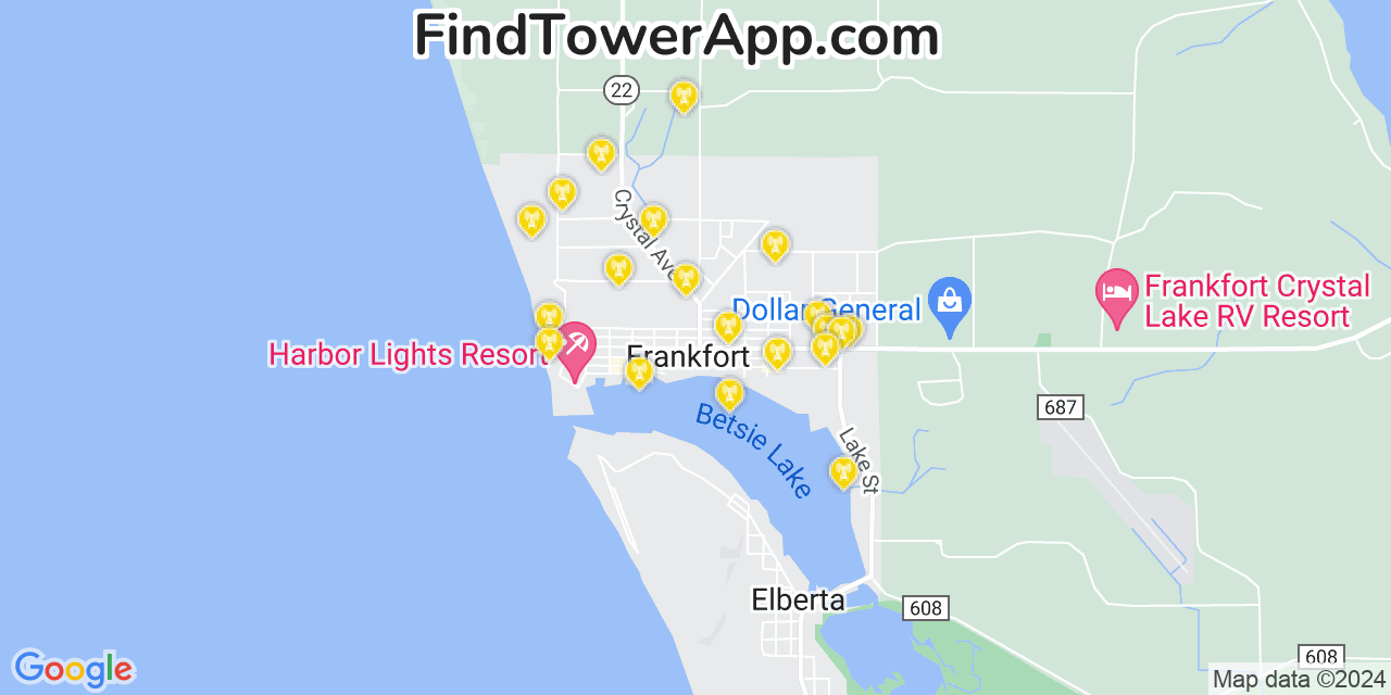 AT&T 4G/5G cell tower coverage map Frankfort, Michigan
