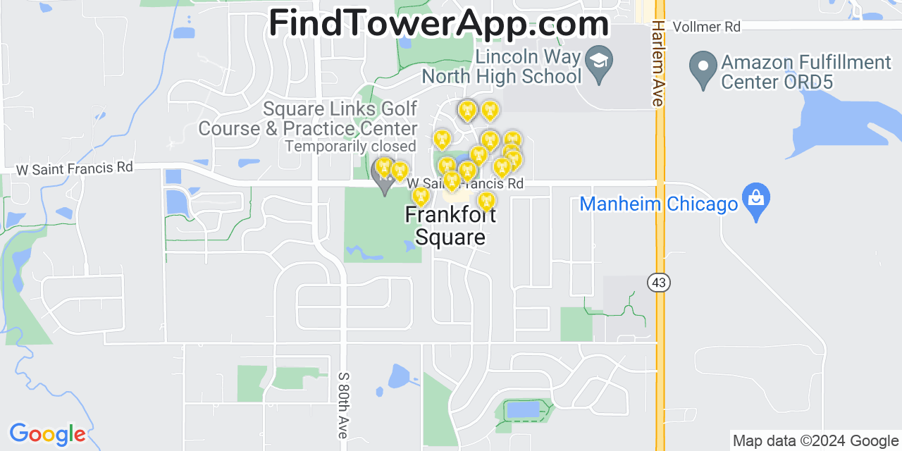 AT&T 4G/5G cell tower coverage map Frankfort Square, Illinois
