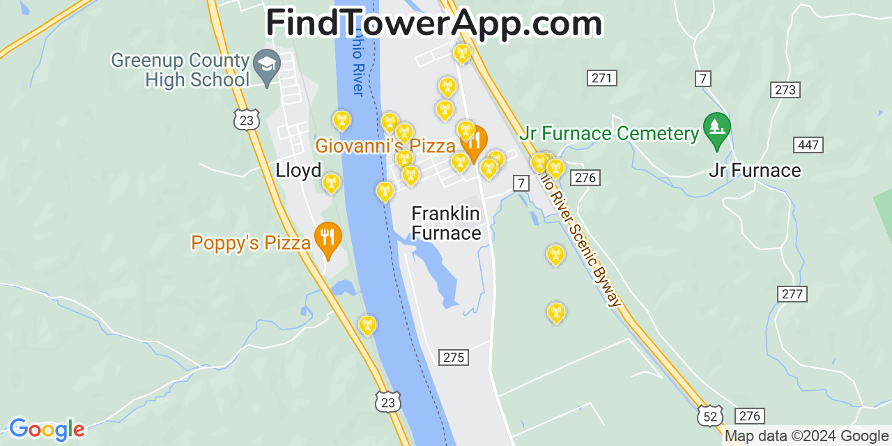 AT&T 4G/5G cell tower coverage map Franklin Furnace, Ohio