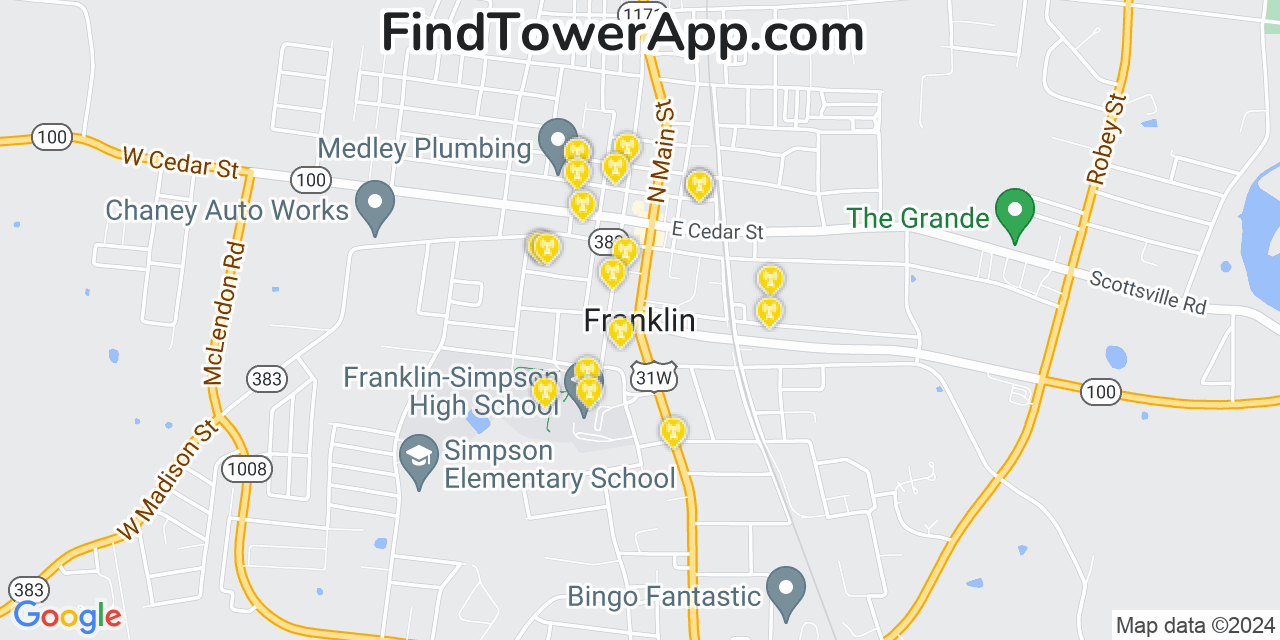 AT&T 4G/5G cell tower coverage map Franklin, Kentucky
