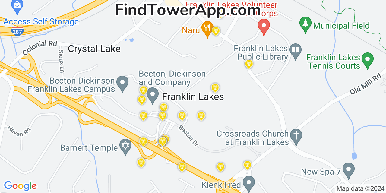 AT&T 4G/5G cell tower coverage map Franklin Lakes, New Jersey