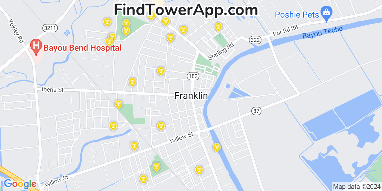 AT&T 4G/5G cell tower coverage map Franklin, Louisiana