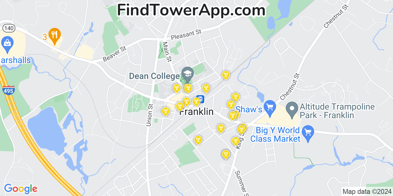 AT&T 4G/5G cell tower coverage map Franklin, Massachusetts