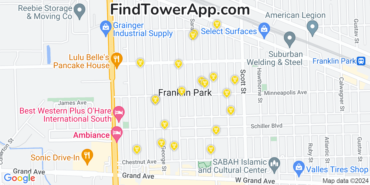 AT&T 4G/5G cell tower coverage map Franklin Park, Illinois