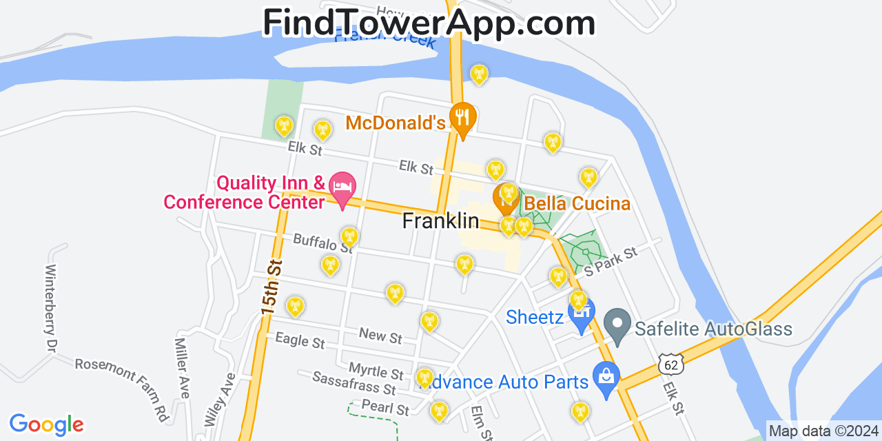 AT&T 4G/5G cell tower coverage map Franklin, Pennsylvania