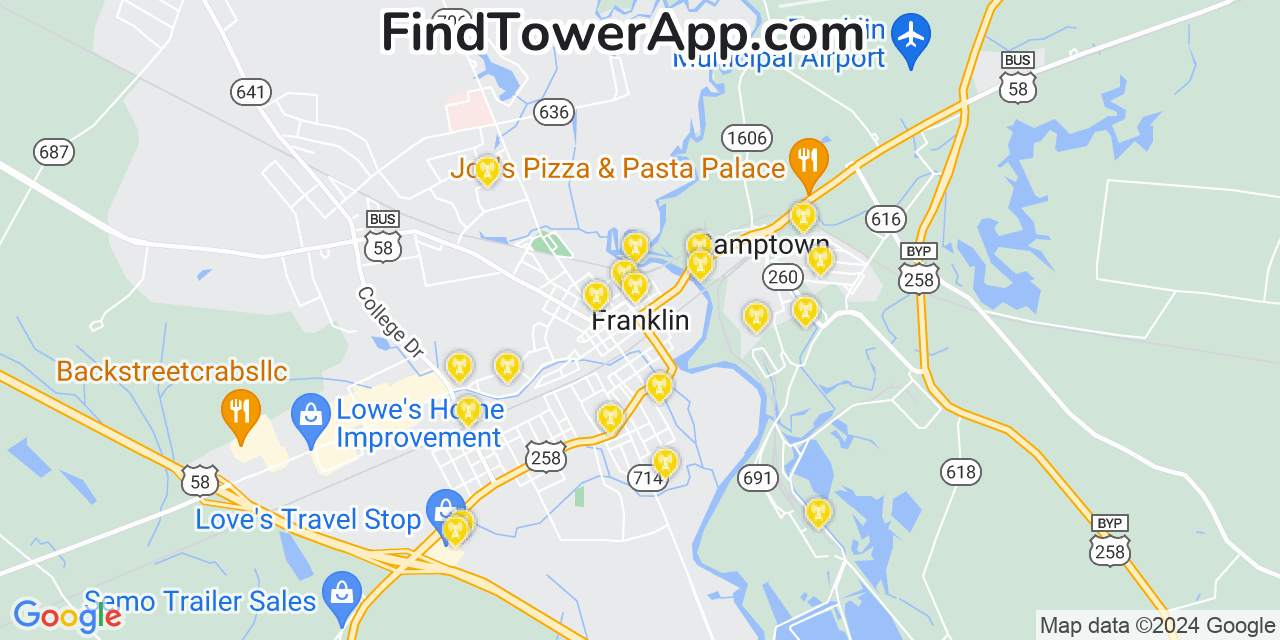 AT&T 4G/5G cell tower coverage map Franklin, Virginia