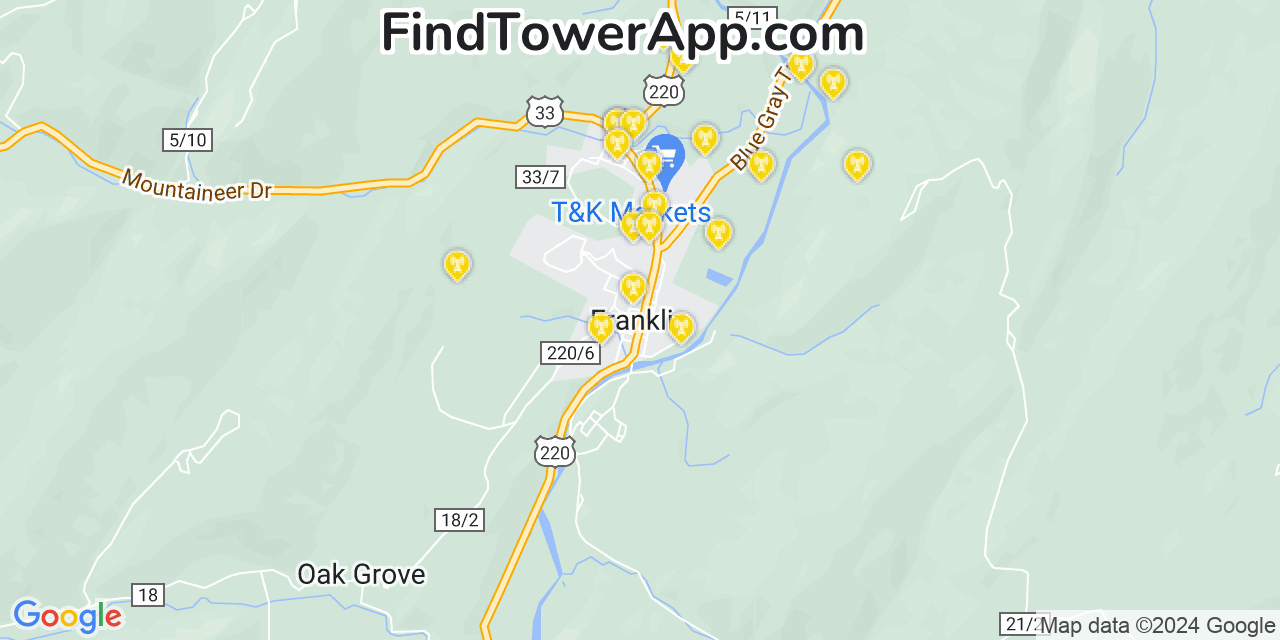 Verizon 4G/5G cell tower coverage map Franklin, West Virginia