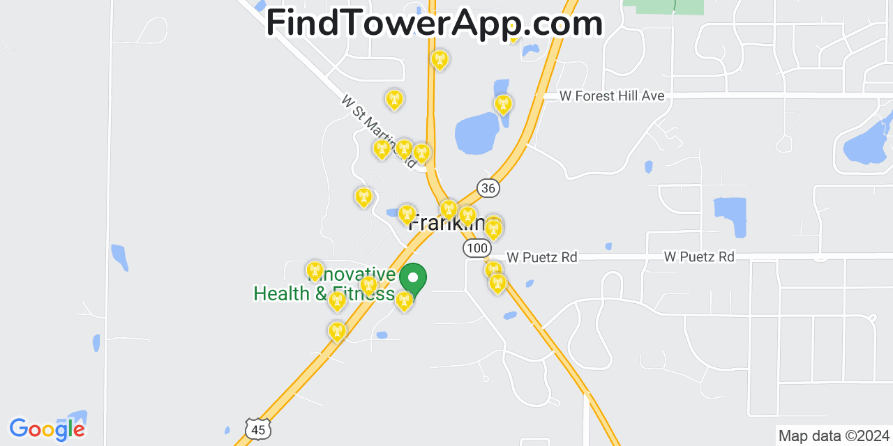 AT&T 4G/5G cell tower coverage map Franklin, Wisconsin