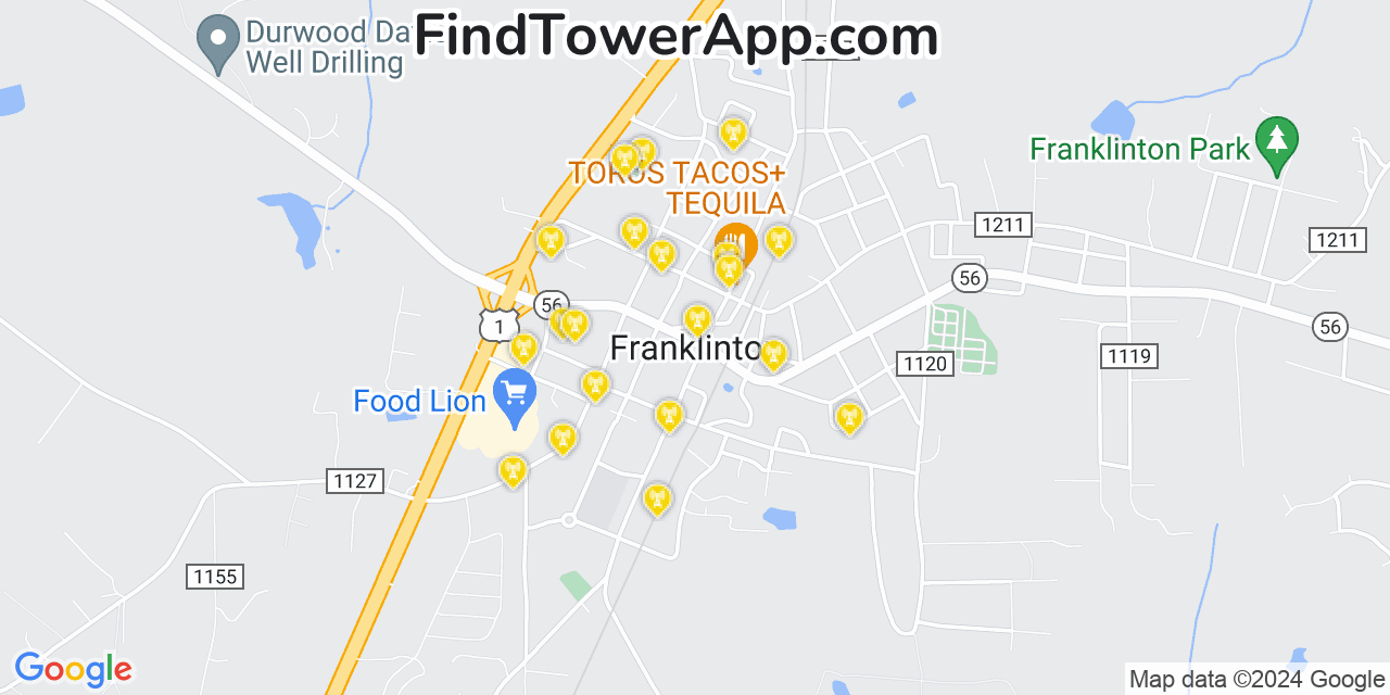 AT&T 4G/5G cell tower coverage map Franklinton, North Carolina