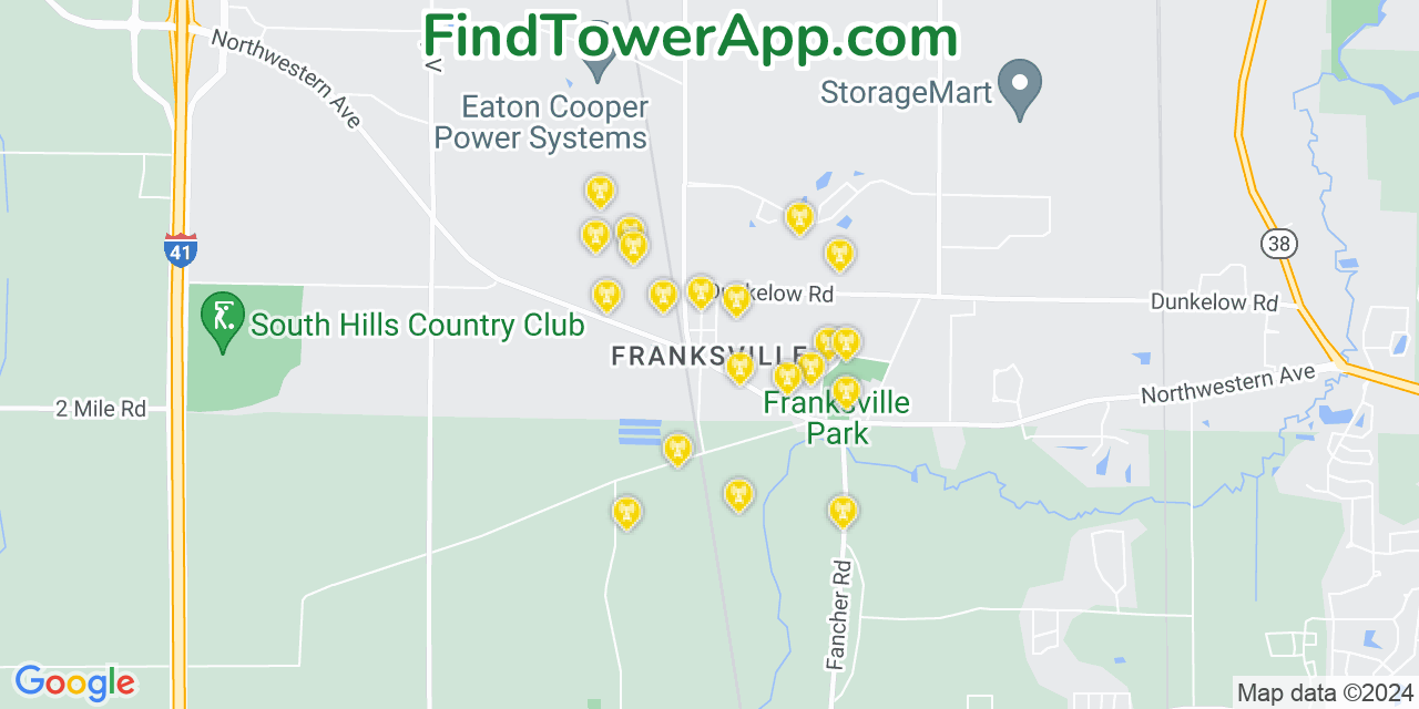 AT&T 4G/5G cell tower coverage map Franksville, Wisconsin