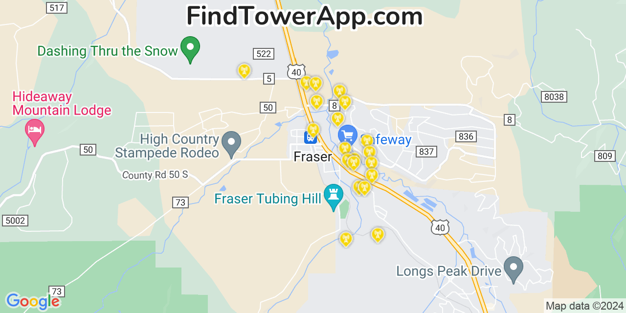 AT&T 4G/5G cell tower coverage map Fraser, Colorado