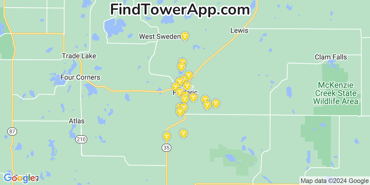AT&T 4G/5G cell tower coverage map Frederic, Wisconsin