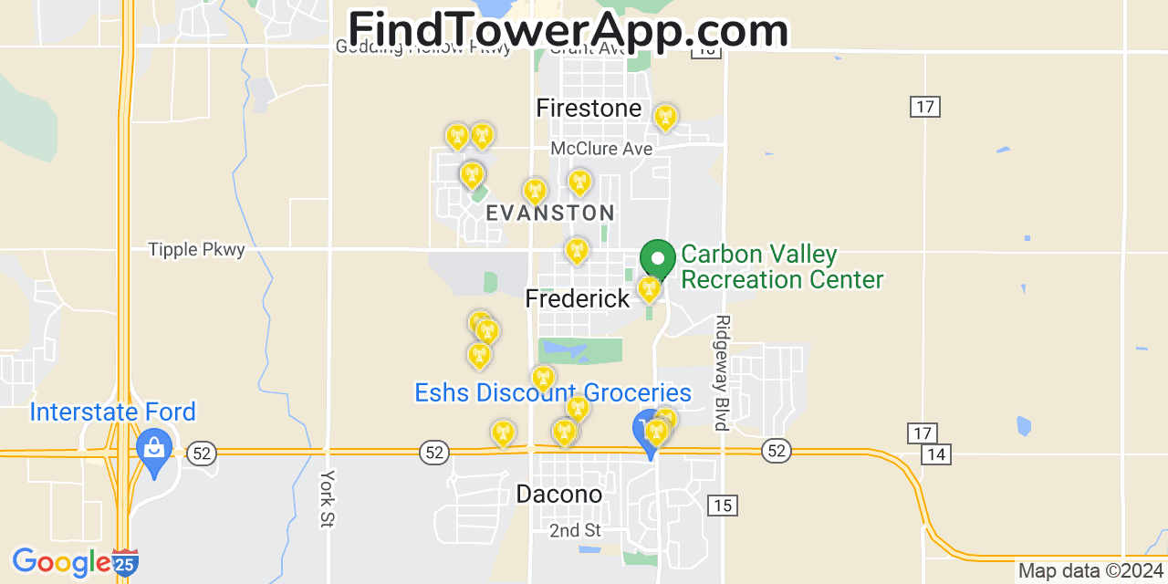 AT&T 4G/5G cell tower coverage map Frederick, Colorado