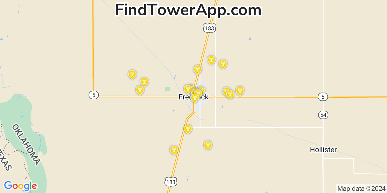 AT&T 4G/5G cell tower coverage map Frederick, Oklahoma