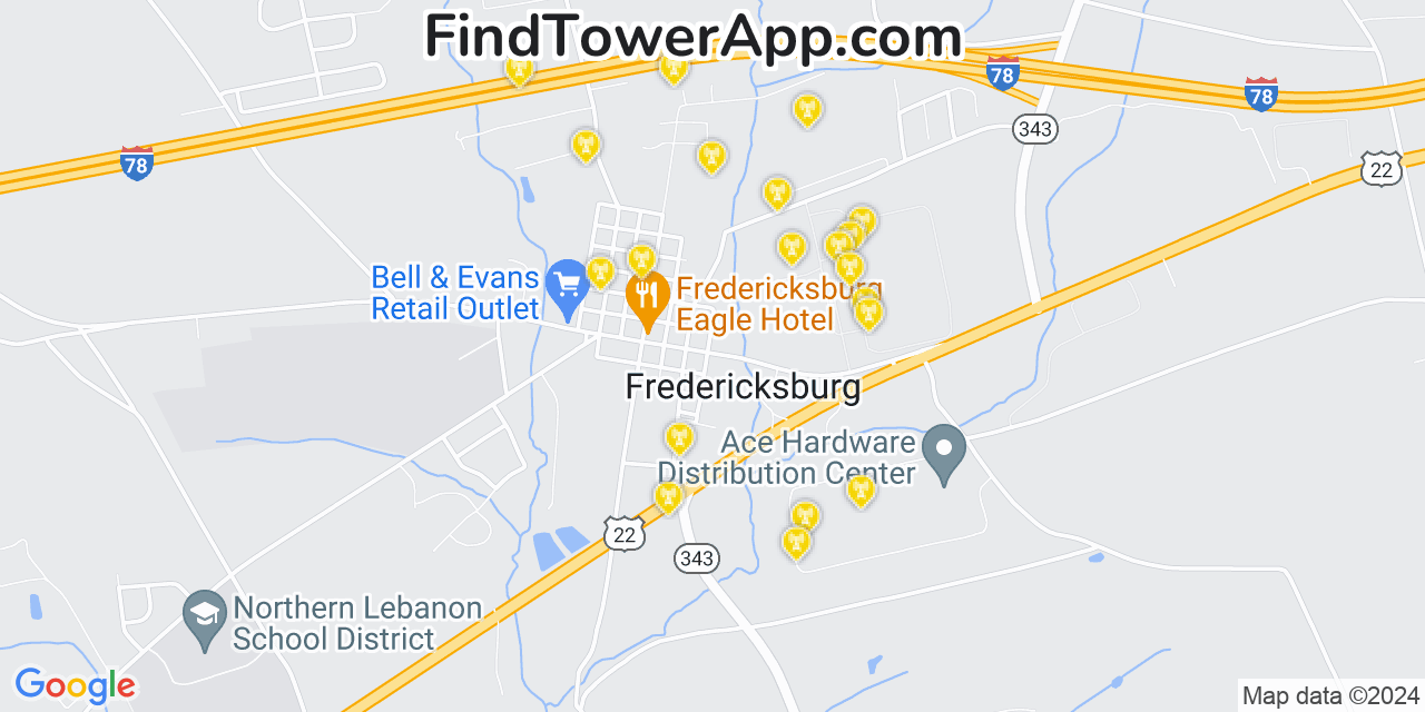 AT&T 4G/5G cell tower coverage map Fredericksburg, Pennsylvania